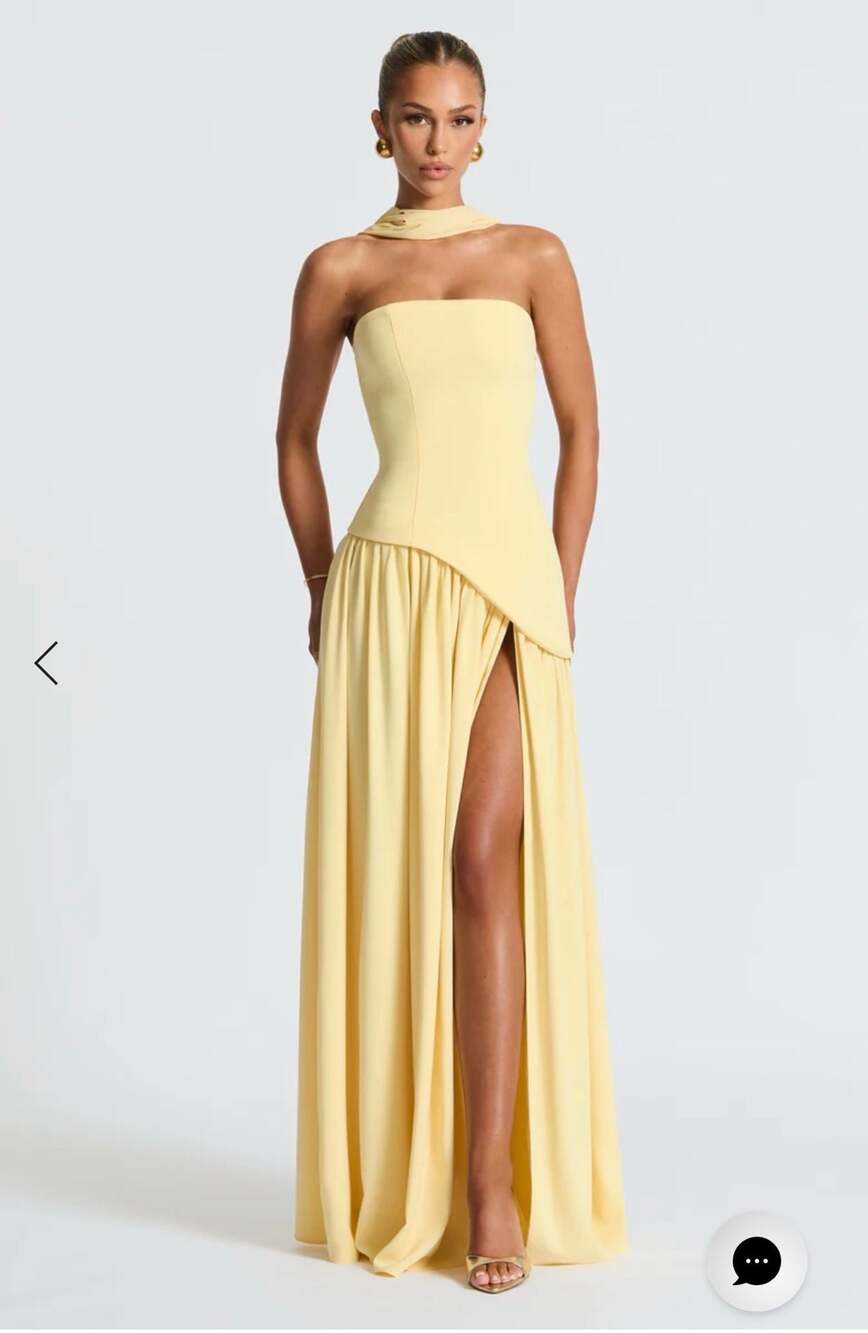 Strapless Chiffon Maxi Dress with High Slit in Soft Yellow